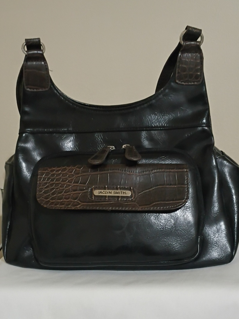 Jaclyn Smith Black with Brown Croc-Accent Shoulder Bag